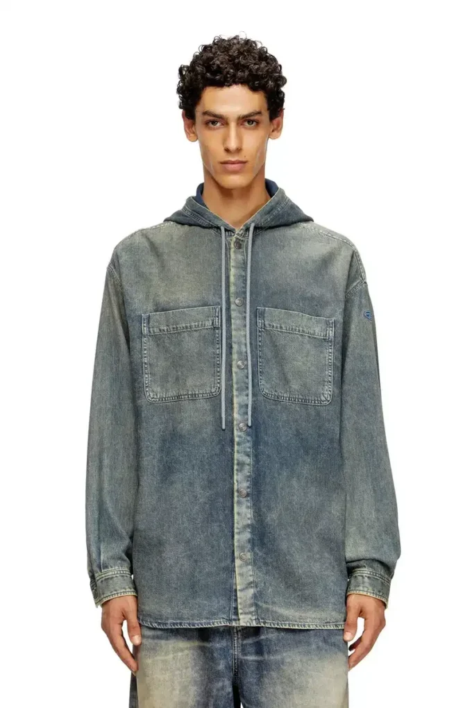 d-dewny-hood-s2 Overshirt in marbled coated denim d-dewny-hood-s2 Overshirt in marbled coated denim