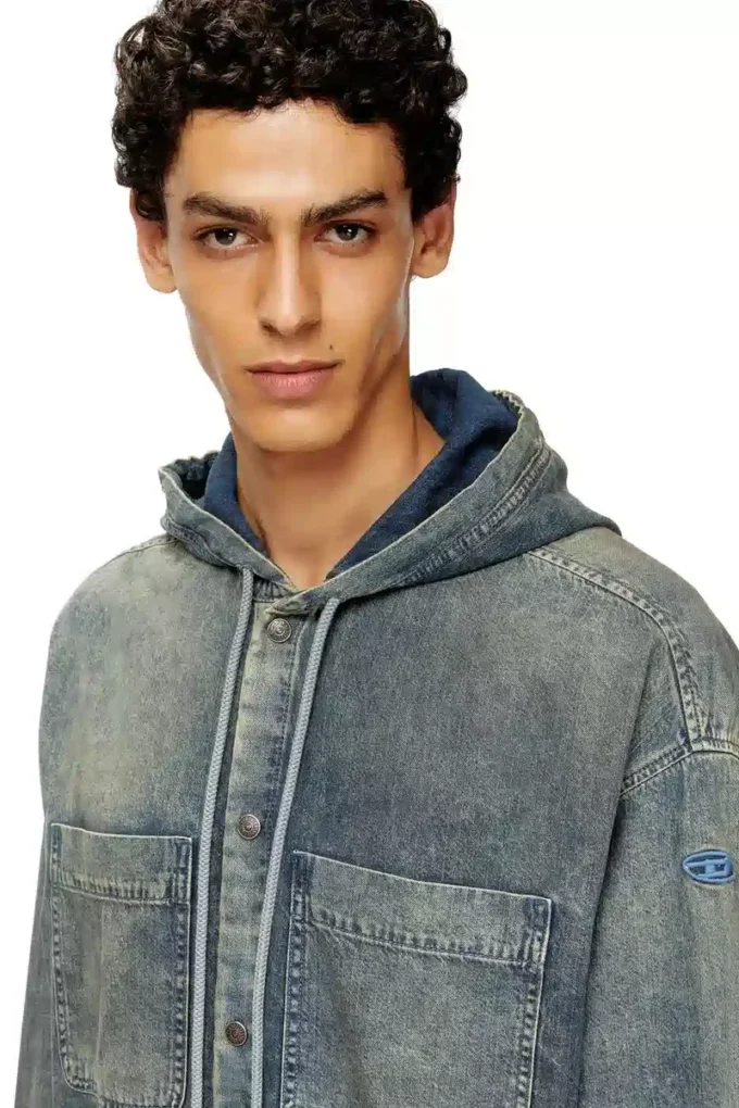 d-dewny-hood-s2 Overshirt in marbled coated denim d-dewny-hood-s2 Overshirt in marbled coated denim
