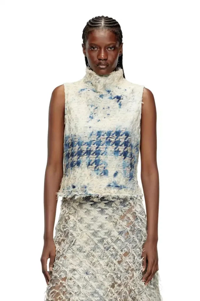 de-tapi-fsh2 Sleeveless top in houndstooth-weave denim de-tapi-fsh2 Sleeveless top in houndstooth-weave denim